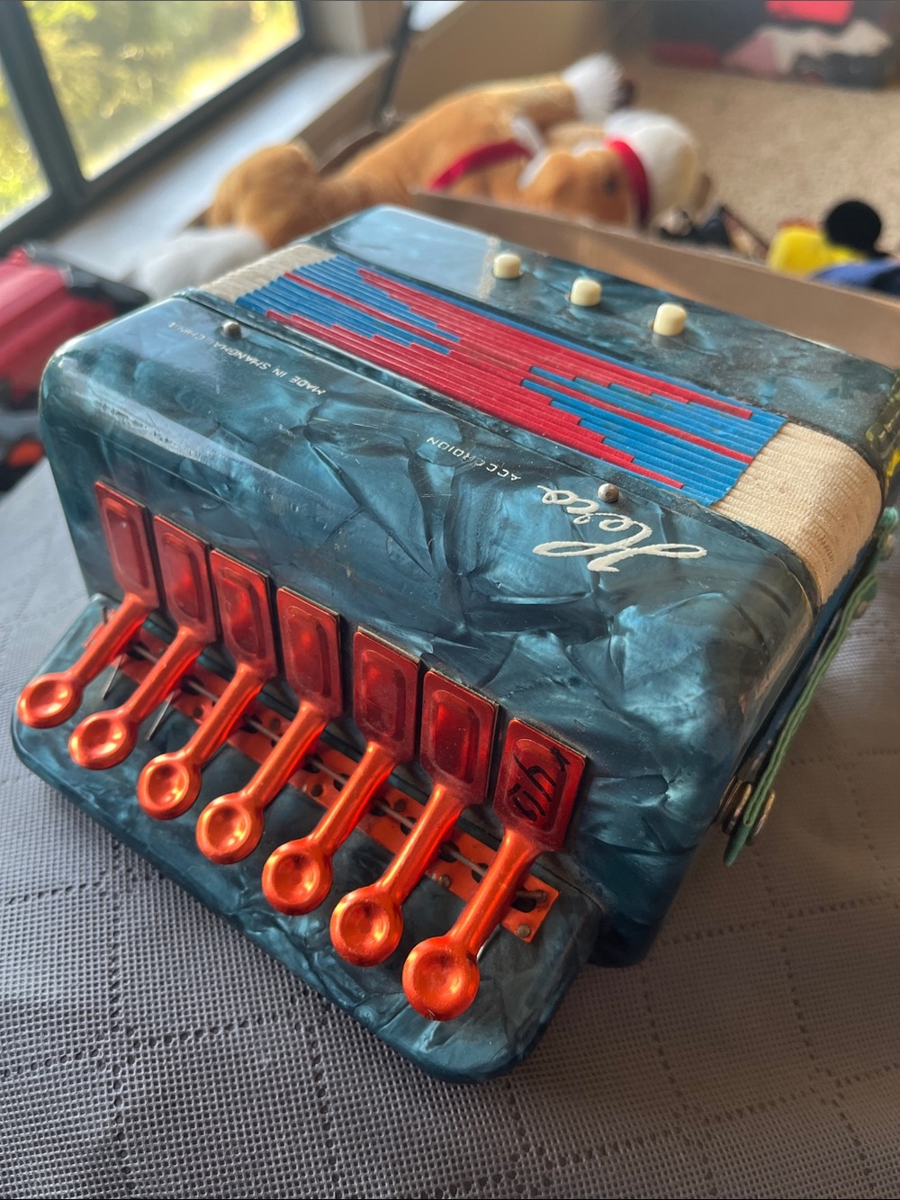 Vintage Blue Pearl Accordion with Orange Levers